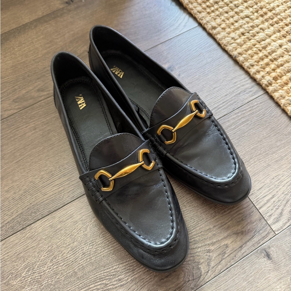 Never Worn Zara Black Loafers with Gold Detail